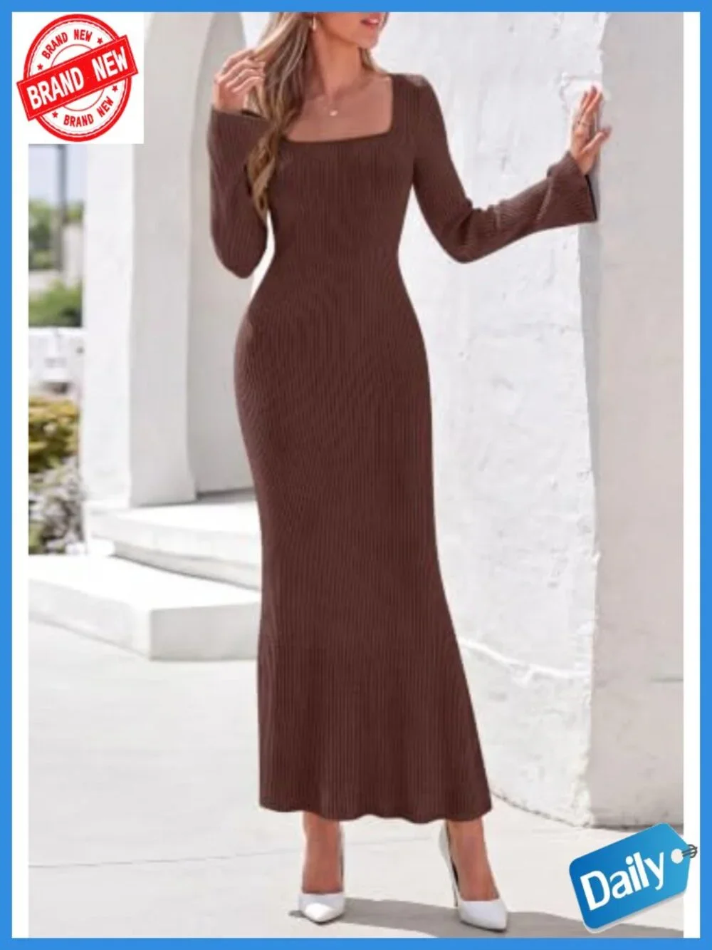 PRETTYGARDEN Women's Long Sleeve Maxi Bodycon Dress Ribbed Knit Bell Sleeve - Picture 5 of 6